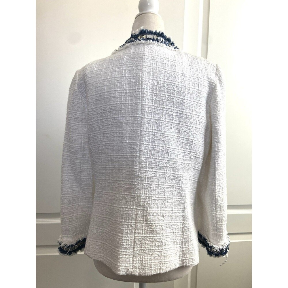 NEW Boston Proper Tweed Blazer Jacket Fringed Embellished White Blue Size 10 - Picture 8 of 12